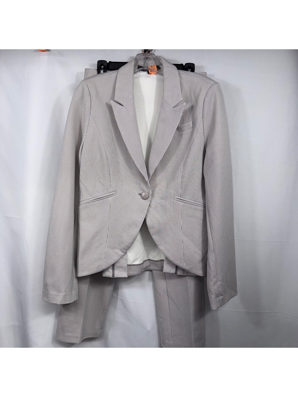 Amanda & Chelsea Women’s Gray Pinstripe 2-Piece Pant Suit Set